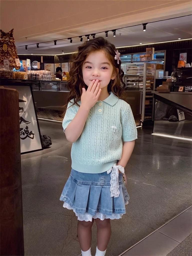 Girls' Academy Style Korean Short-Sleeve Knit Top