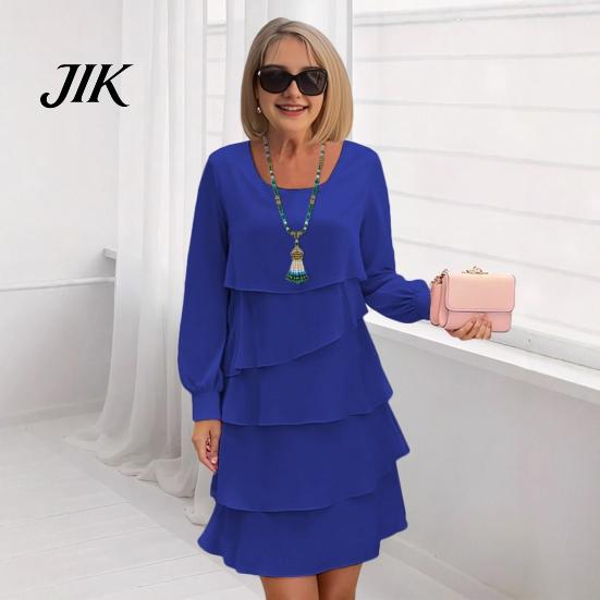 Einfarbiges Kleid Lagenlook Chiffon für Damen Langarm Rundhalsausschnitt Alltagskleidung Rüsche Stufenförmig Fließend Lässig Hochzeitsgast