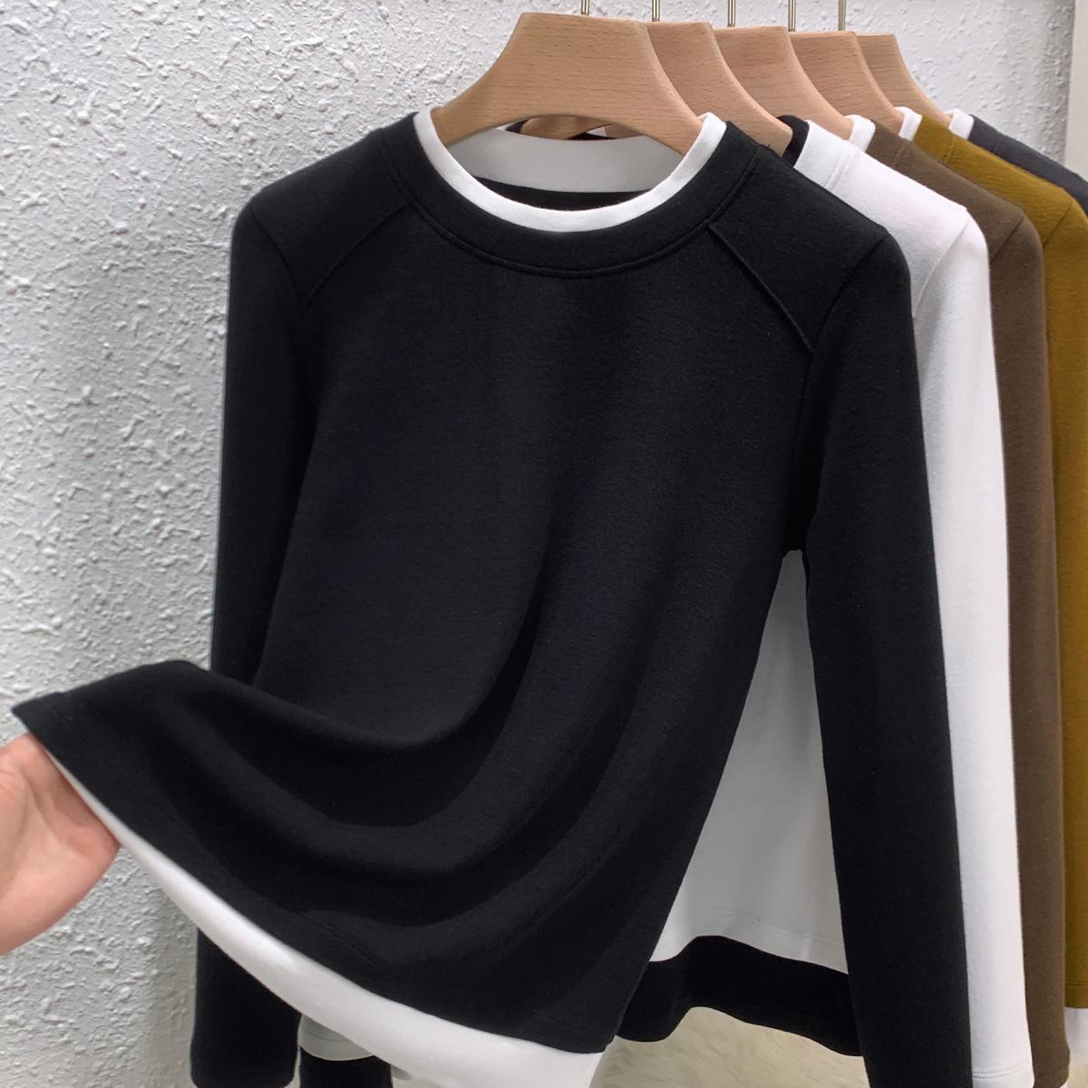 

Spring and Autumn New Crew Neck Inner Bottom Shirt Women s Shoulder Slim Fake Two-piece Contrasting Splicing Top M чёрный