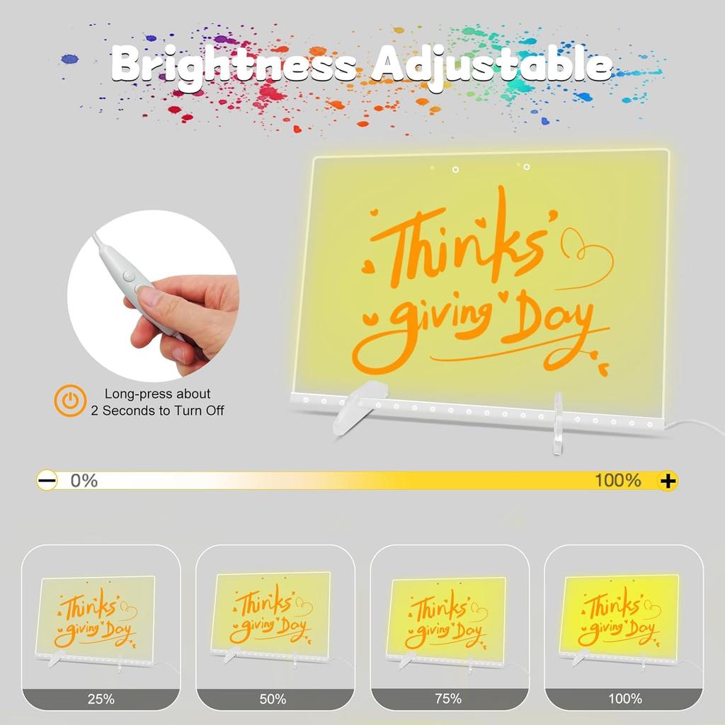 Acrylic Dry Erase Board with Light,LED Note Board with Colors 13.8"X10" 4 Modes & 7 Colors Rewritable LED Acrylic Drawing Board forKids School Home