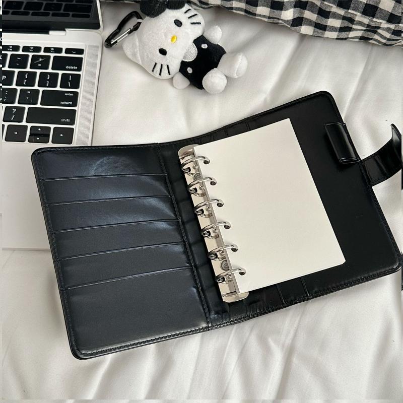 Kawaii Kitty A7 Retro Small Notebook Black Faux Leather Binder Portable Diary Set With Card Holder Student Stationery Supplies