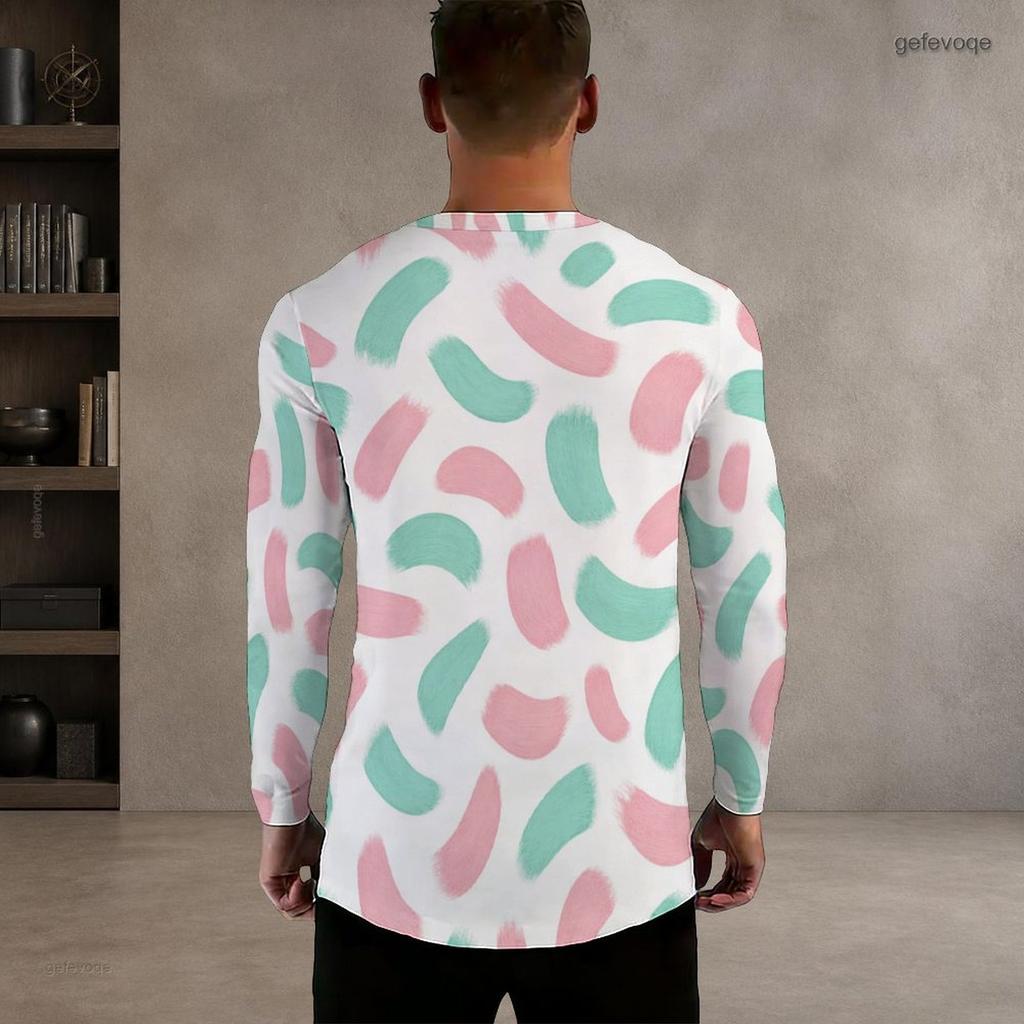 Men s Plus Size Notch Neck Long Sleeve Blue White Abstract Wave Printed Pullover Shirt