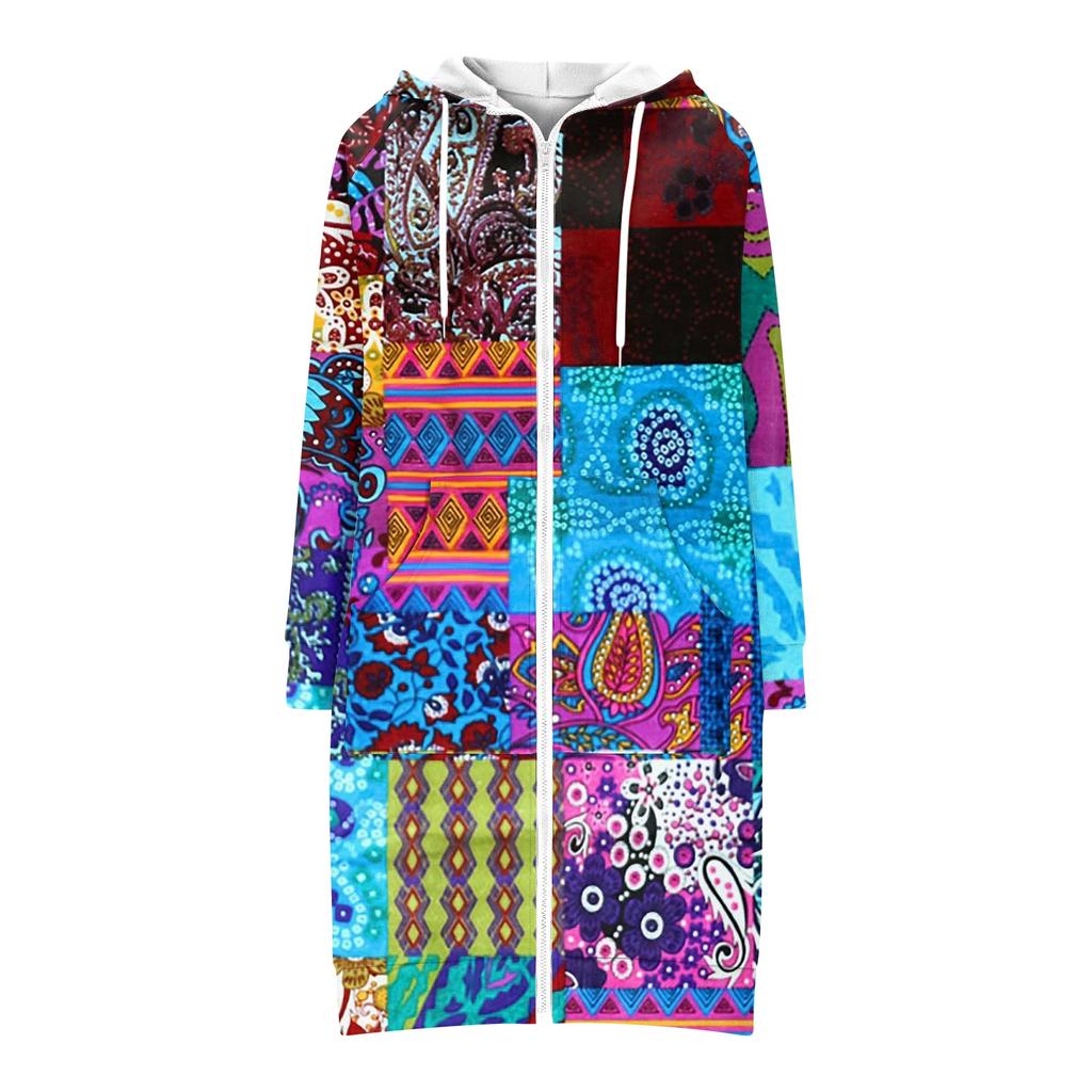 Women's Fashionable Printed  Long Sleeved Drawstring Hooded Zipper Pocket Long Casual Sweatshirt Jacket