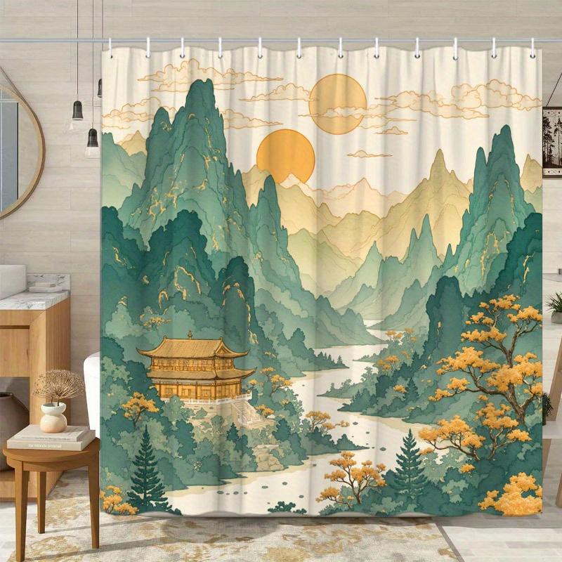 Chinese Landscape Shower Curtain Traditional Pavilion Mountain River Print Polyester Bath Curtain with Hooks for Zen Decor