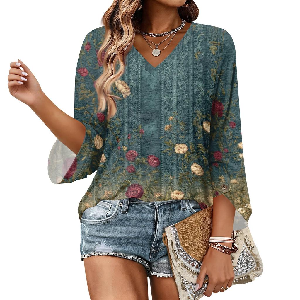 Womens Short Sleeve Blouses V Neck Floral Print Casual Loose Fit Women's Short Sleeve Tops Lightweight Womens Short Sleeve Shirts