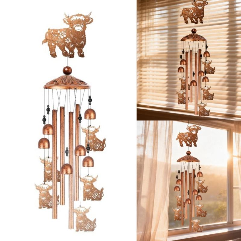 Highlands Cow Wind Chimes for Outside,Metal Windchime Outdoor Memorial/Birthday Gift Garden Decors for Outside,Lawn
