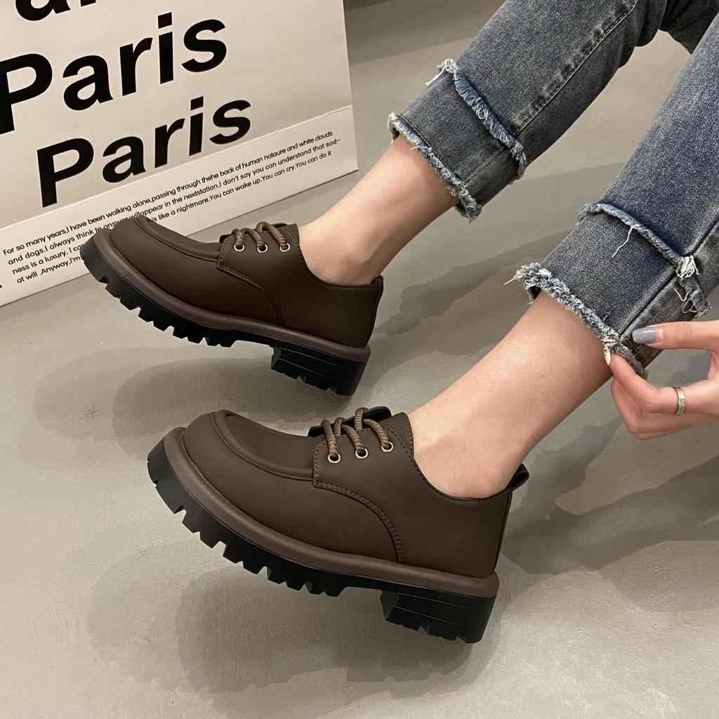 Wind black small leather shoes women's spring versatile lace-up soft sole retro casual single shoes non-slip