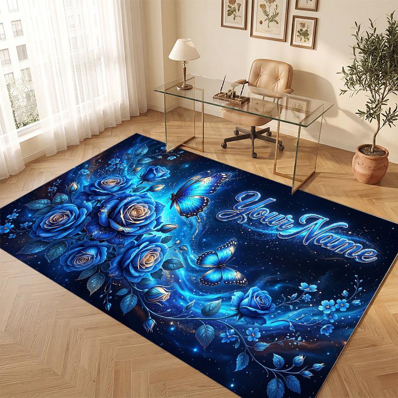 Floral Garden Theme Soft Crystal Velvet Rug Custom Name & Text Print Non Slip Floor Rug for Bedroom Living Room