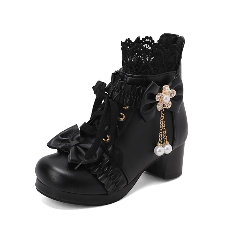 

Женские ботильоны в стиле Лолиты, с круглым носком, на толстом среднем каблуке, каваи, с бантом, на цепочке, на шнуровке, на молнии, короткие ботинки, женская обувь для косплея, зима 43 33 чёрный