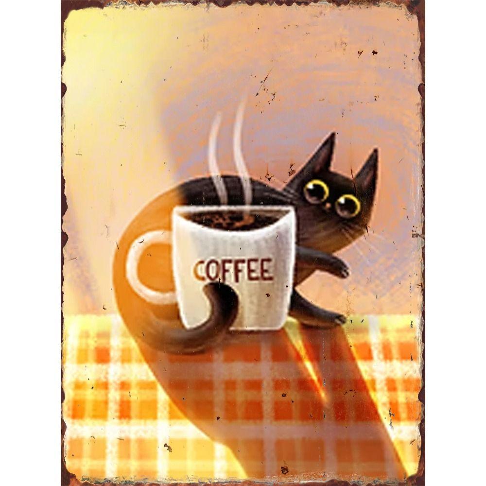 Retro Katze Kaffee Metallblechschild Wanddeko Vintage Küchenkunst 20x30 cm