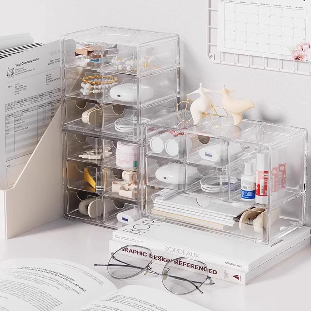 Plastic Storage Box Bathroom Organizer Stackable Dustproof Storage Box With Pull-out Drawers 1 Tiers 6 Compartments For Jewelry