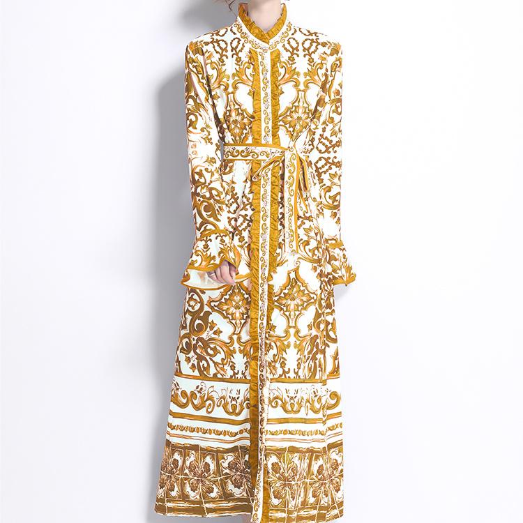 Primavera Otoño Pasarela Amarillo Rojo Azul Y Estampado Porcelana Blanca Bata Vestidos Maxi de Fiesta para Mujer con Volantes Manga Larga Acampanada Cinturón con Cordones