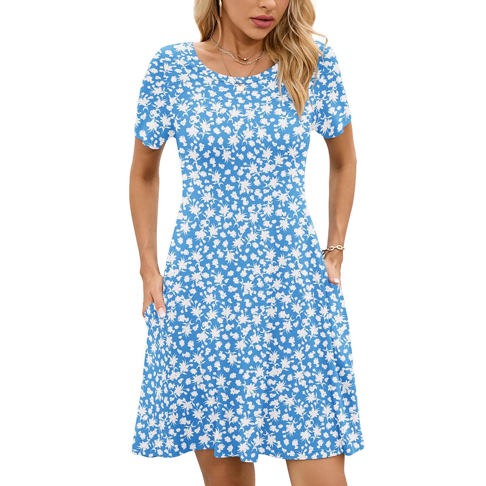 

Women s Fashion Spring And Summer Round Neck Printed Short Sleeve Large Swing Dress XL небо синє кольору
