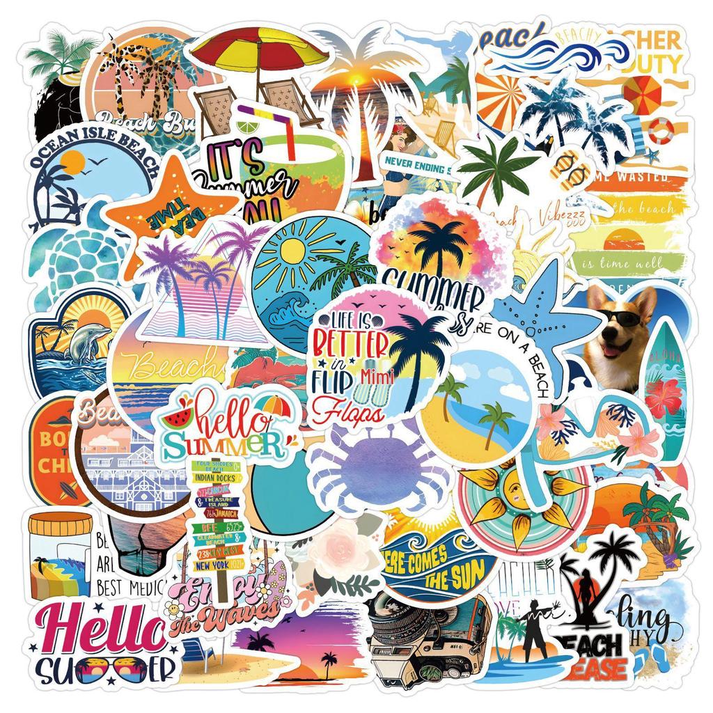 60 Cartoon Beach & Surf Stickers: Waterproof Decorations for Journals, Water Bottles, and Computers.