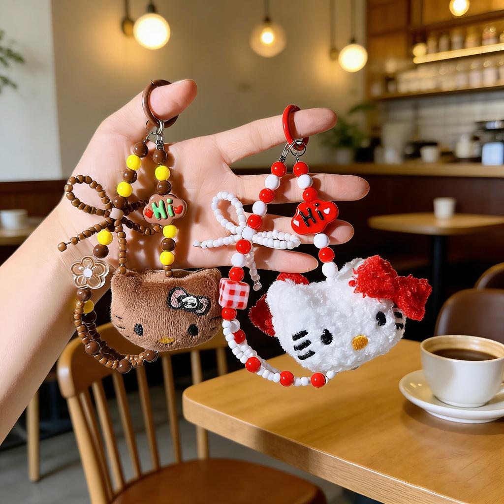 Sanrio Hello Kitty Bowknot Beaded Phone Lanyard Keychain Cute Cartoon KT Cat Charm Colorful Wrist Strap for woman Accessory