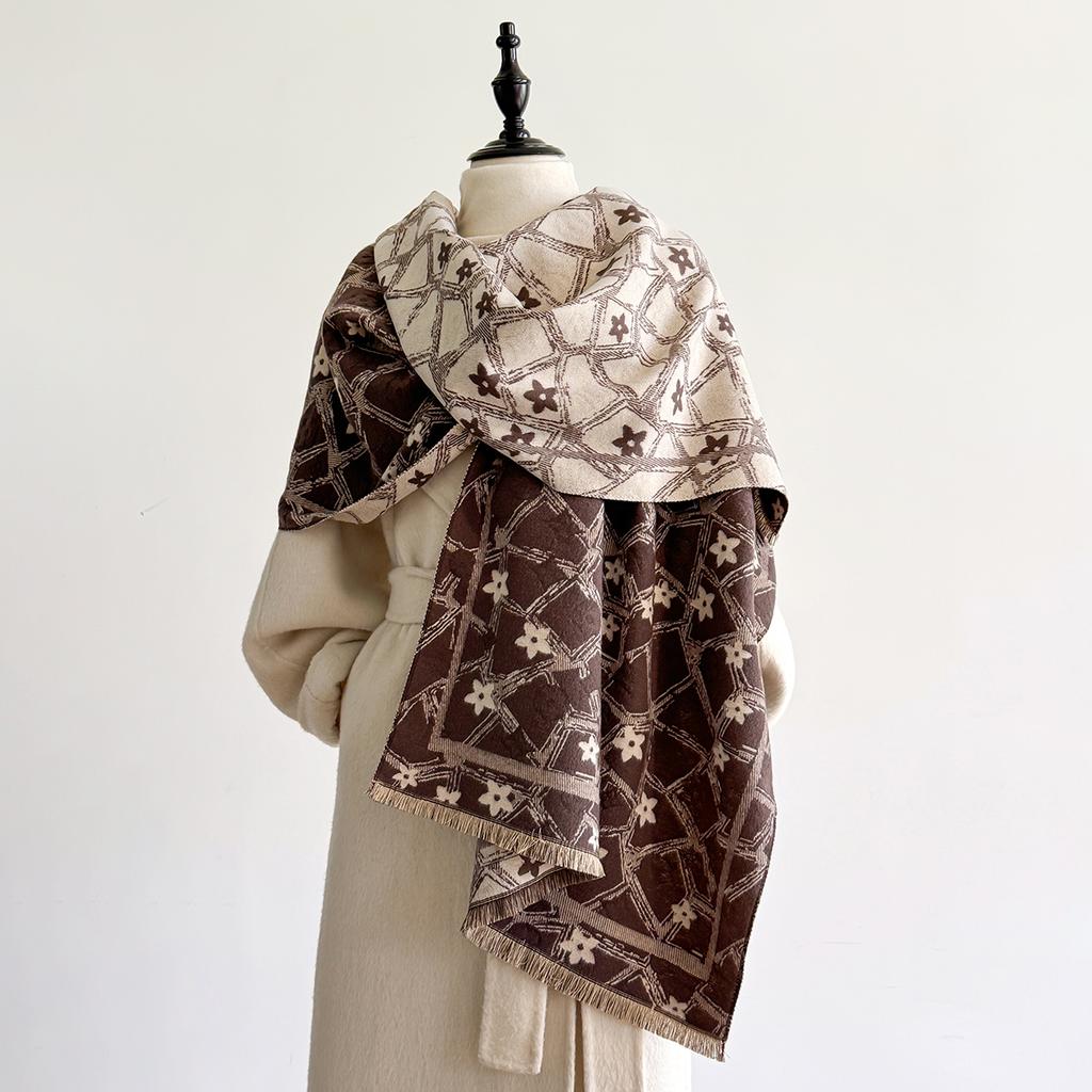 Elegant Floral Jacquard Pashmina Scarf For Women - Winter Thick Warm Double-Sided Tassel Design Coldproof Windproof Blanket