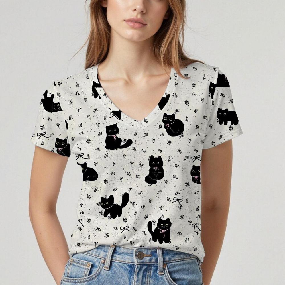 New V-neck women's short-sleeved T-shirt with cat pattern design. Summer top with soft texture, comfortable and breathable