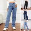 Blugi drepți cu clopoței pentru femei, cu talie înaltă, cu buton, cu fermoar, pantaloni, denim, de culoare uni, cu buzunare, pentru uzura zilnică.
