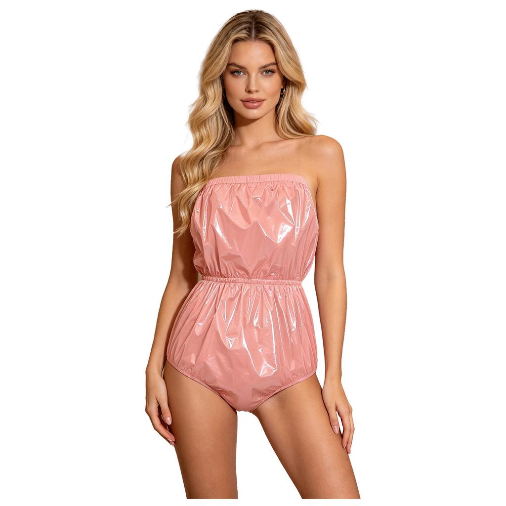 Damen Wasserdicht Glänzend Badeanzug Trägerlos Dessous Bodysuit Elastisches Band Hoch geschnittene Strampler Clubwear