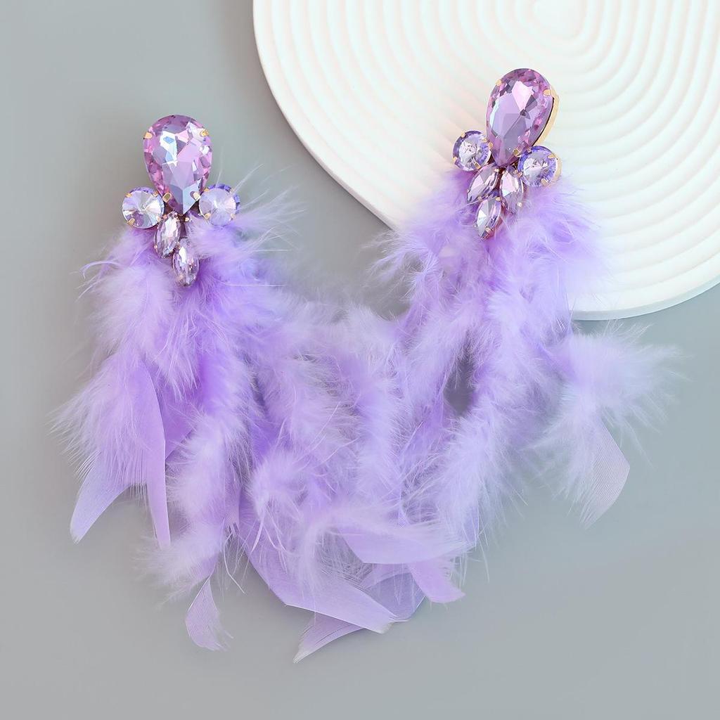 Bohemian Flower Tassel Long Feather Earrings with Alloy and Diamond Accents for Women