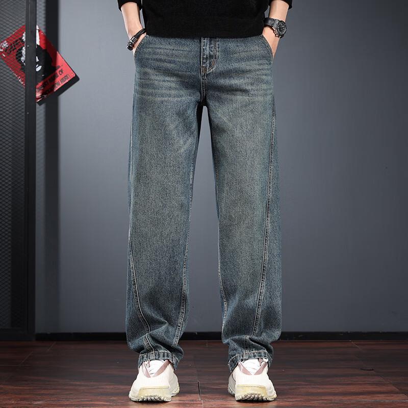 Jieleinuo Men s American Retro Loose Straight Workwear Jeans 29