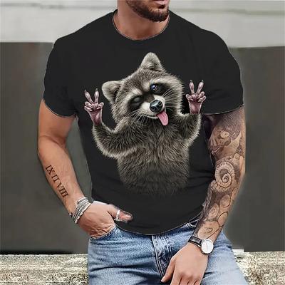 Camiseta masculina estampada com animais e estampa de guaxinim, solta, plus size, manga curta, gola redonda, tops masculinos confortáveis