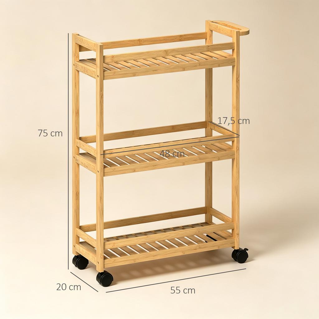 Serving Cart, 3 Tiers, Slatted Shelves, Fall Protection, Bamboo, 55 x 20 x 75 cm