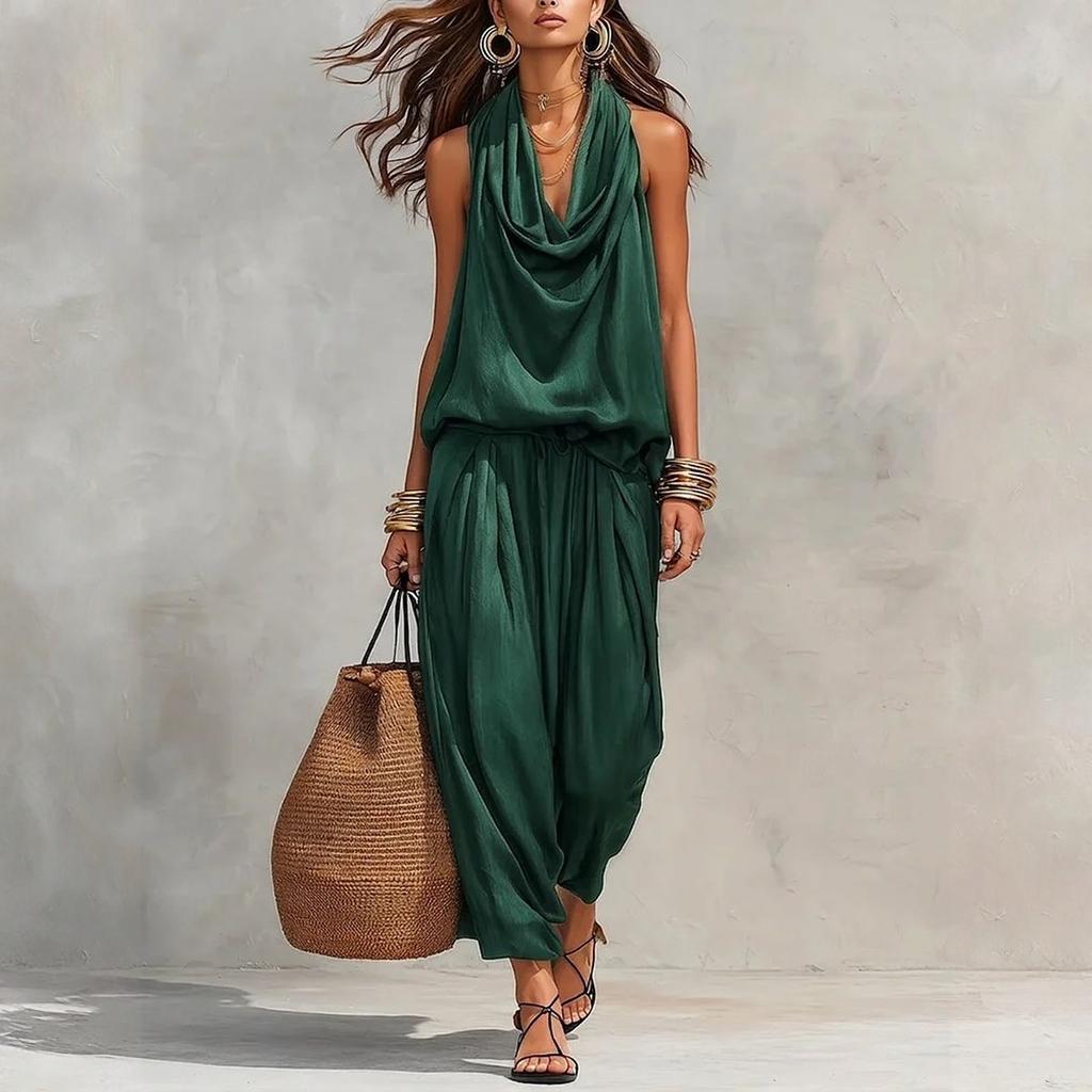 Women's Two Piece Set Draped Neck Sleeveless Top and Casual Loose Fit Pants Summer Outfit Soft Fabric Comfortable Fit