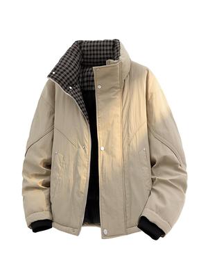 25 Amerikanischer Stil Herren Winter Karo Stehkragen Baumwolljacke: Warme, verdickte, kältefeste Brotjacke