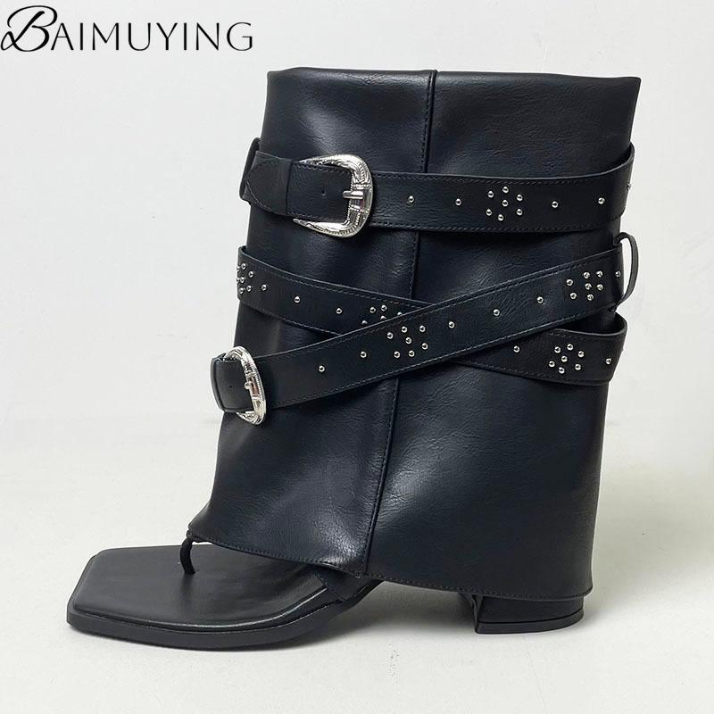 Fashion Brand Designer Shoes Woman Heeled Sandals Summer Ankle Boots Flip Flops 2025 New Clip Toe Square High Heels Leather Goth Chunky
