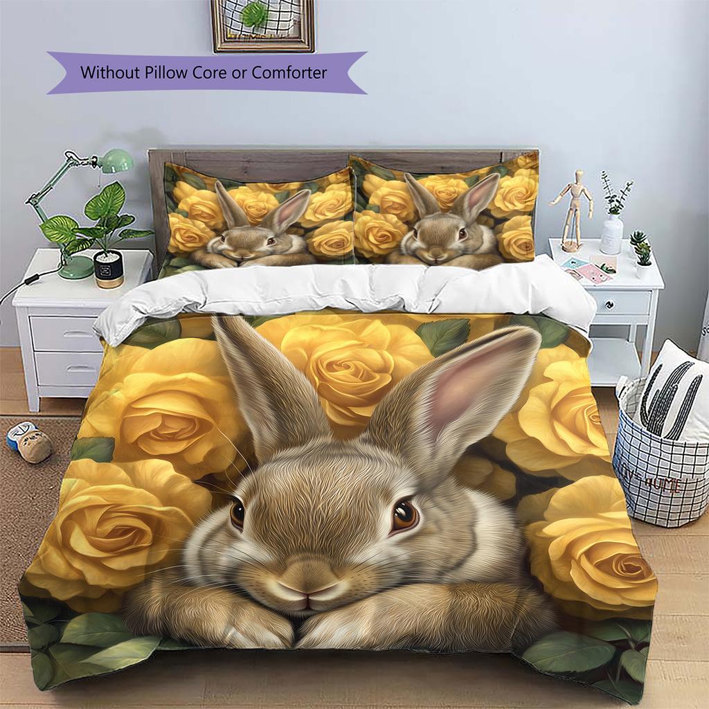 Kaninchen und Frische Blumen Muster Bettwäsche Heimdekoration Geburtstagsgeschenk (1 Bettbezug + 2 Kissenbezüge, ohne Füllung)