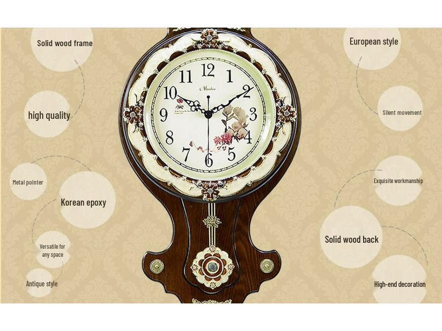 Antique European Style Solid Wood Silent Quartz Wall Clock for Living Room or Bedroom