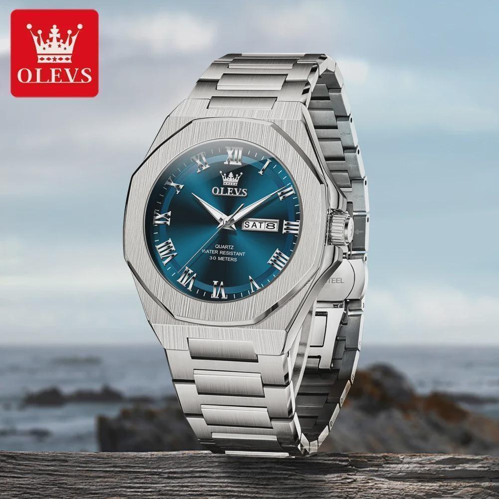 OLEVS Luxury Man Watch Classic Fashion Roman Scale Dual Calendar Waterproof Luminous Stainless Steel Original Quartz Wristwatch