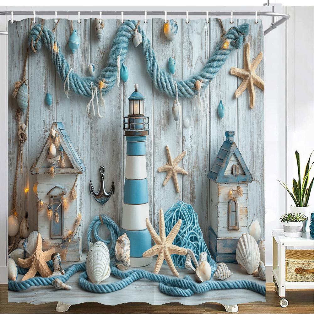 

Mediterranean style Shower Curtain Bath Curtain Blue ocean lighthouse Printed Bathroom Curtains for Home decoration curtain W90xH180cm