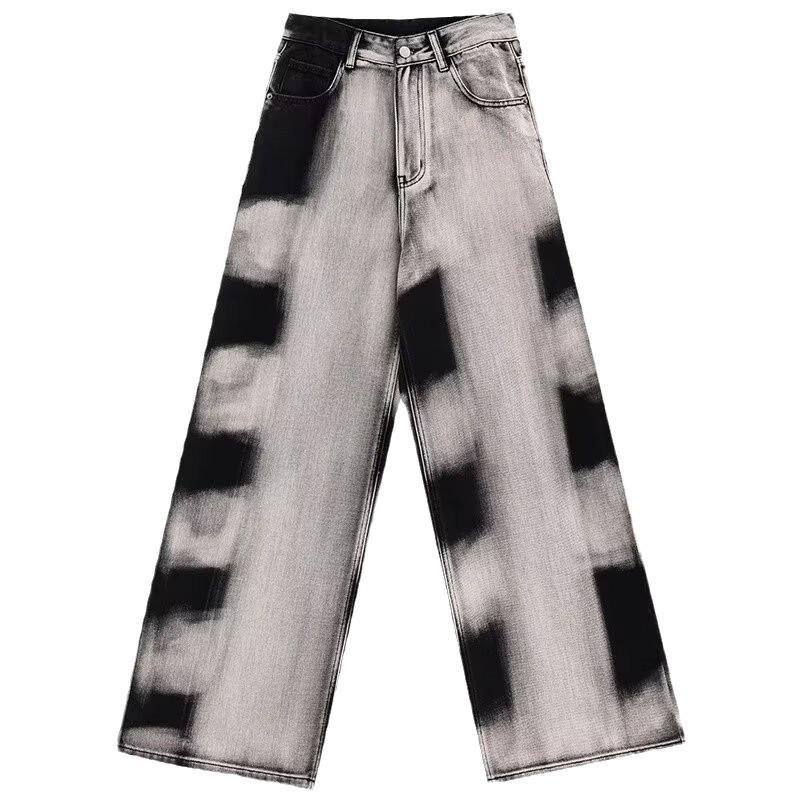 Women's High-Waist Retro Tie-Dye Gradient Jeans - Loose, Wide-Leg, Floor-Length Pants for Early Autumn