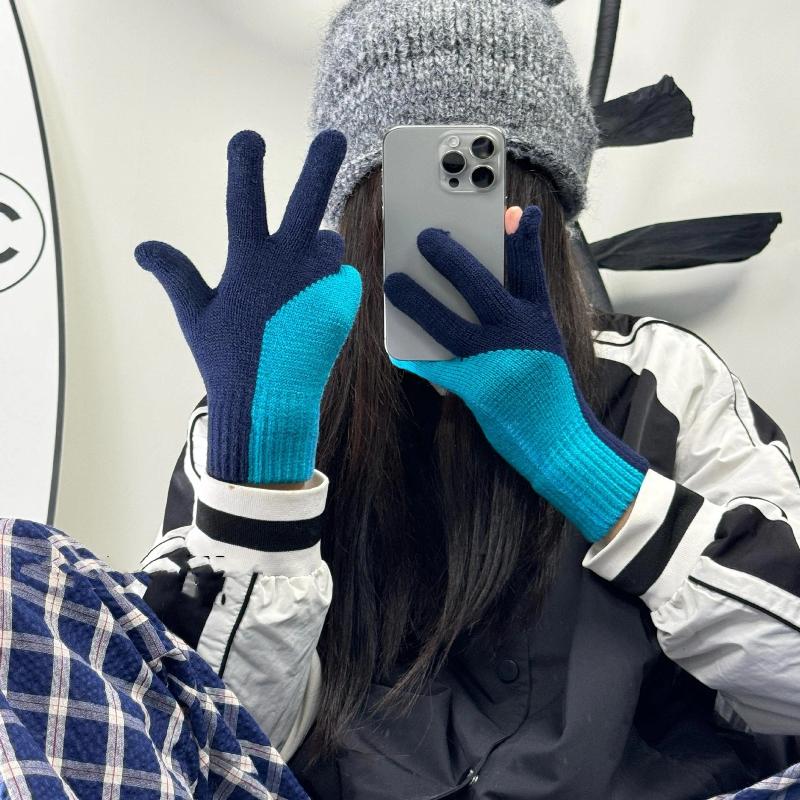 Touchscreen Gloves Korean Style Color Block Fingerless Cute Knitted Fleece Lined Thick Warm Winter Windproof Gloves