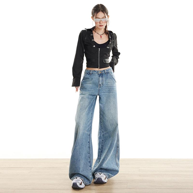 Women's Retro Wide-Leg Jeans: American Design, HK Style, Loose Straight-Leg, Floor-Length