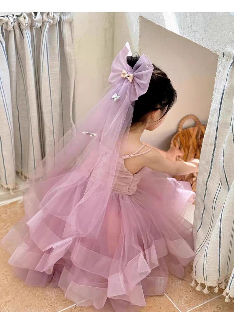 High end girls' dress summer 2026 beautiful children's suspender pink princess dress fluffy veil birthday dress