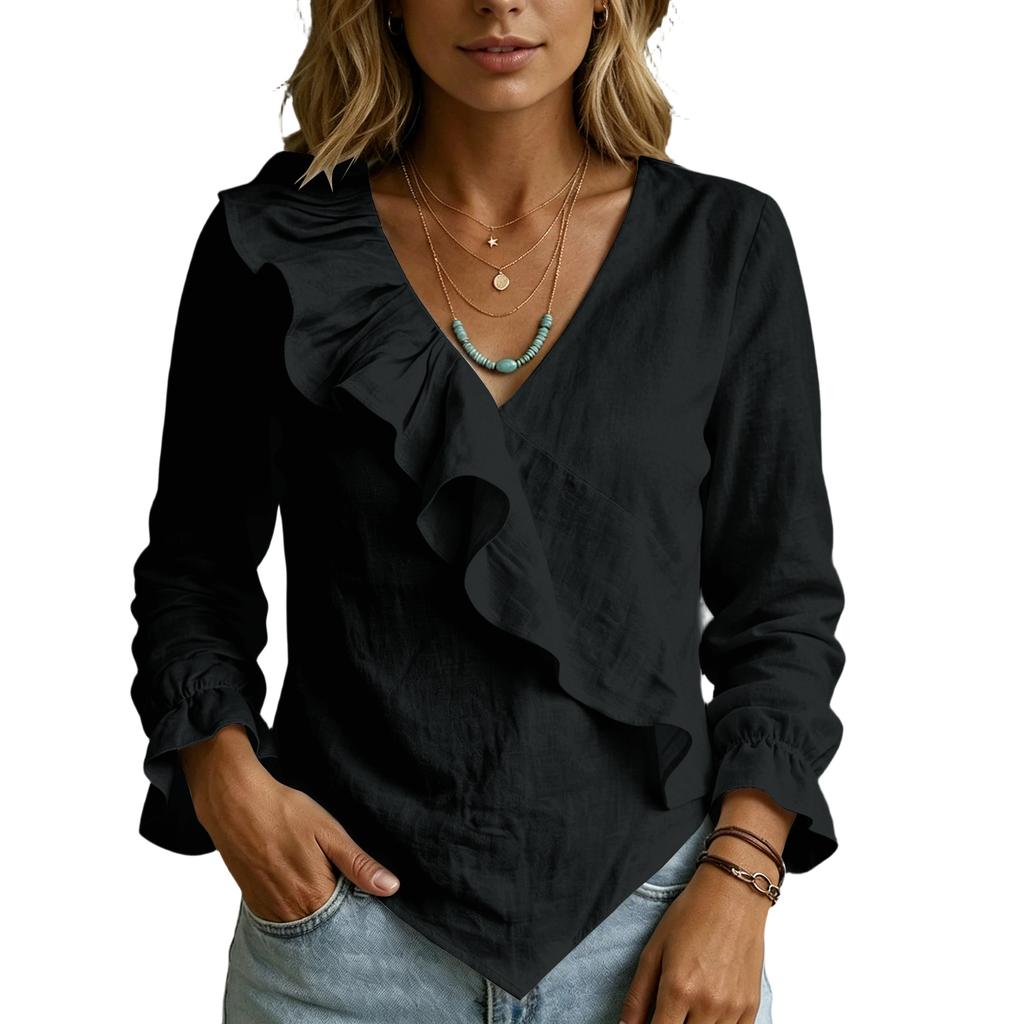 Top Primaverili da Donna Scollo a V Ruffle Manica Lunga Camicetta Camicie Estive da Donna Casual Leggere Camicie Estive da Donna