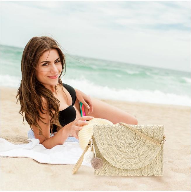 Straw Shoulder Bag Handmade Woven Straw Purse Portable Rattan Bag Straw Clutches for Women Travels