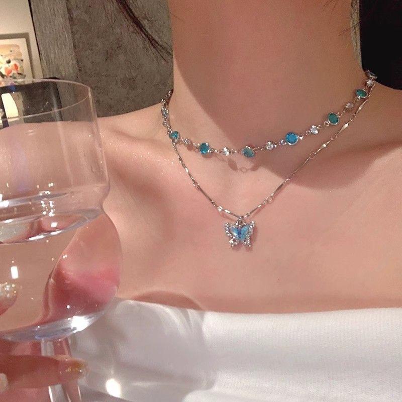 Summer Cool Wind Diamond Shell Butterfly Pendant Necklace Light Luxury Advanced Sense Sweet Clavicle Chain Design Sense Niche