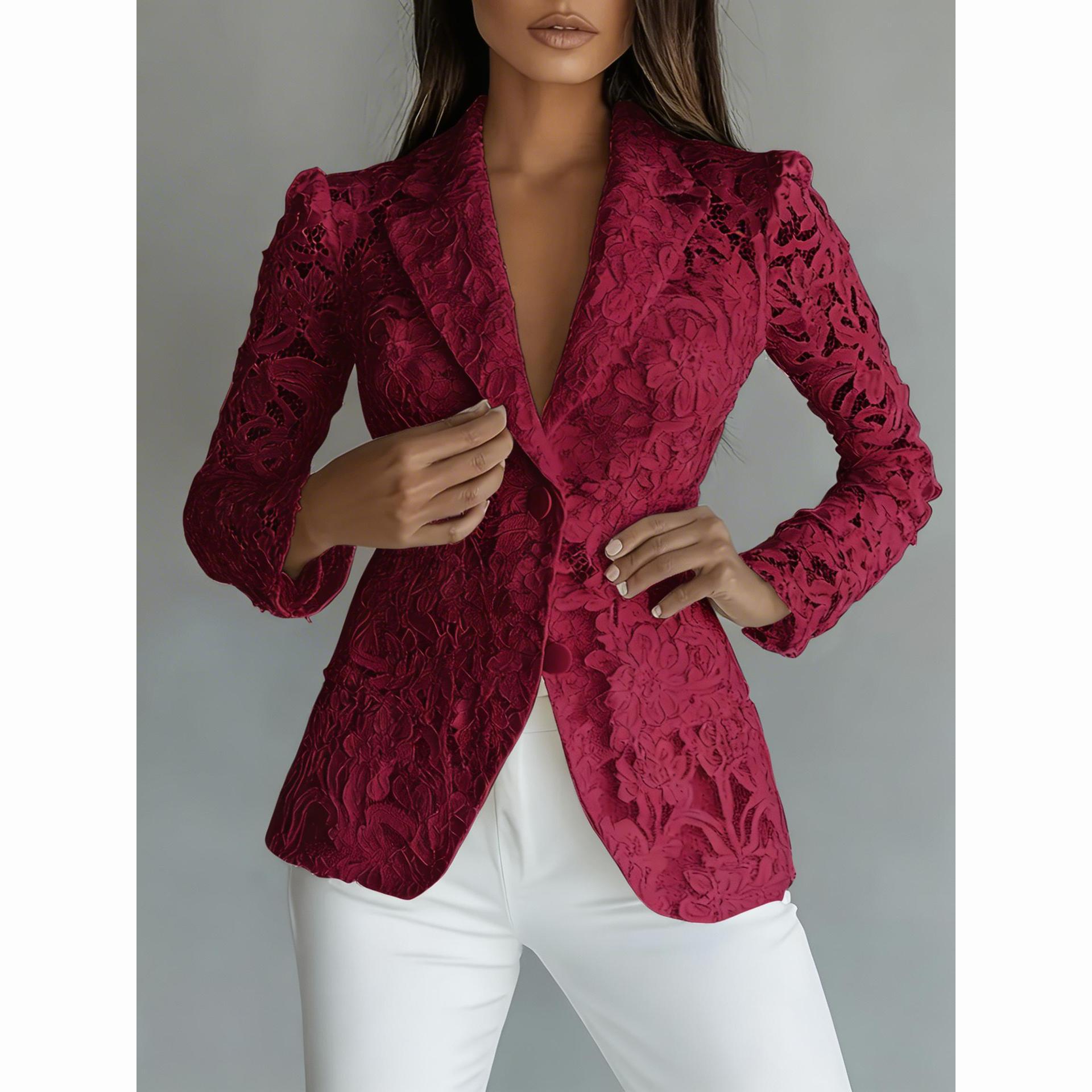 Women s Lace Trim Blazer Sheer Mesh V-neck Suit Jacket Elegant Business Casual Office Outerwear S