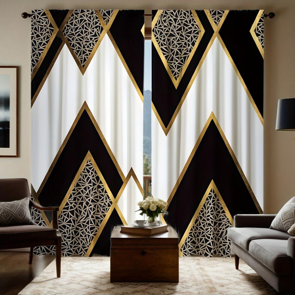 Black Gold Geometric Curtains Hd Print Polyester Pocket Rod Living Room Bedroom Curtain Light Filtering For Area Made Of Machine Washable