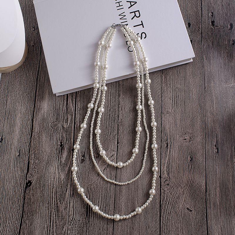 French elegant three-layer imitation pearl necklace, niche temperament multi-layer long cheongsam with versatile sweater chain