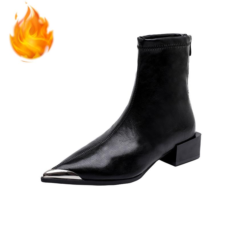 Vintage Dicke Absätze Damen Pelzfutter Knöchelboots Herbst Winter Metall Spitze Stripper Party Kurze Stiefel Zapatos De Mujer
