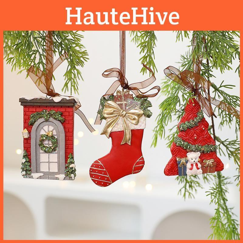 Tree Ornament Christmas Resin Vintage Bell Bow Wreath Christmas Pendant Stocking