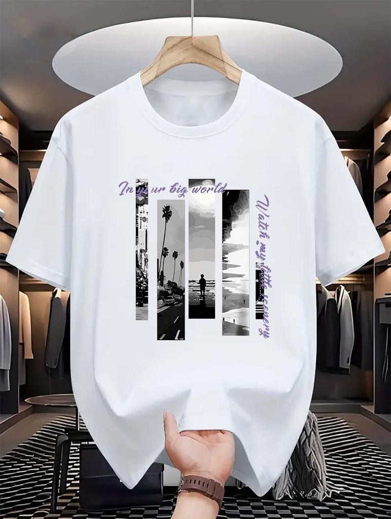 Summer Fashionable  Crew Neck T-Shirt - Men's Casual Short-Sleeve Tee with Seaside Letter Print, Slight Stretch, 180gsm