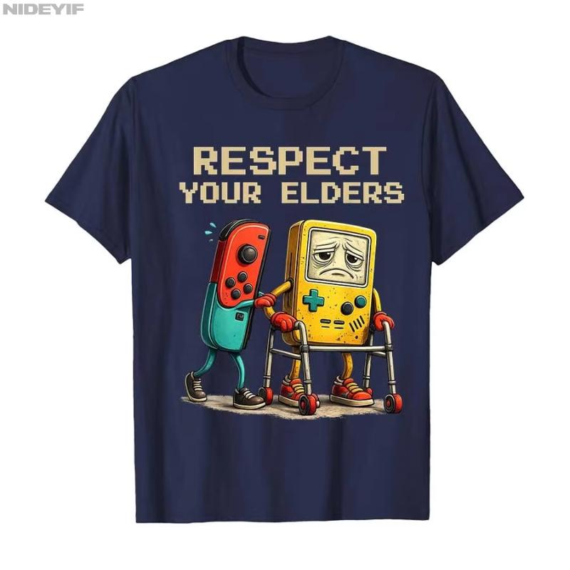 Cotton T Shirts Short Sleeve Tops Respect Your Elders Gaming Control Retro Funny 80s 90s Gamer Tshirt For Unisex Women