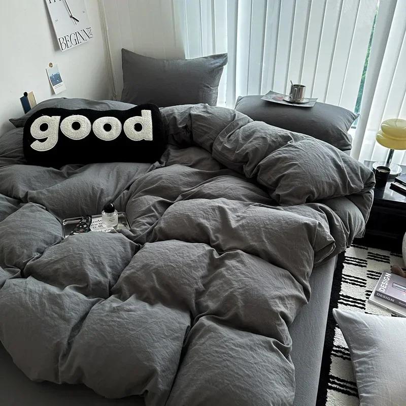 Washed Cotton Bed Linen Bedding Set 3/4 Pieces Bed Sheets Set Solid Color Comforter Cover Couple Queen King Size Bed Quilt Cover