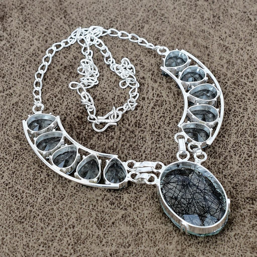 Black Rutile Gemstone Handmade 925 Sterling Silver Jewelry Necklace 18" KKG-434